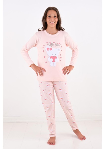 Kız Çocuk Uzun Kollu Fiyonklu Ayıcık Model Pijama Takımı