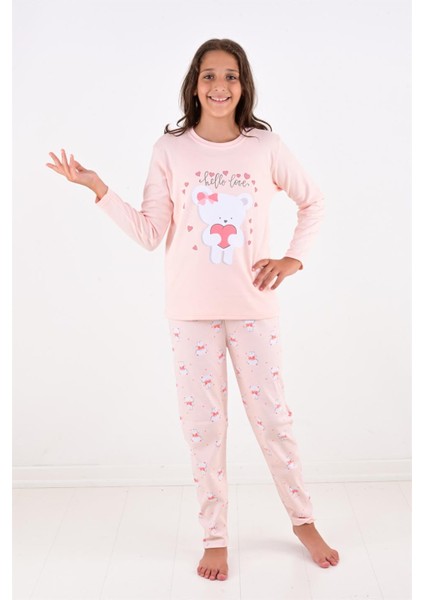 Kız Çocuk Uzun Kollu Fiyonklu Ayıcık Model Pijama Takımı