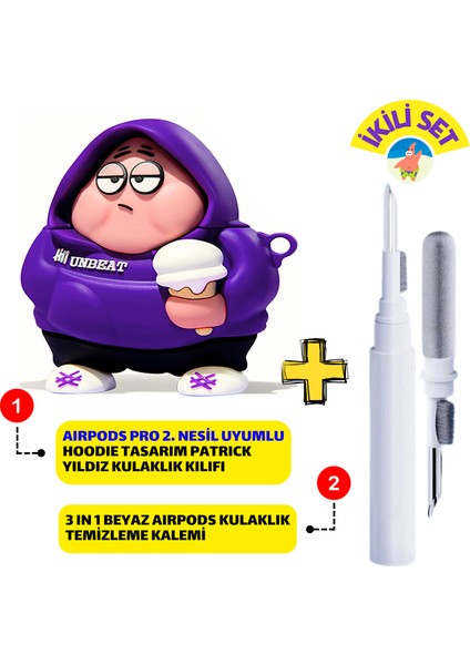 Pro 2. Nesil Uyumlu Hoodie Patrick Kulaklık Kılıfı ve Beyaz 3'ü 1 Arada Kulaklık Temizleme Kalemi
