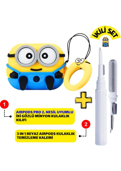 Pro 2. Nesil Uyumlu İki Gözlü Minyon Kulaklık Kılıfı ve Beyaz 3'ü 1 Arada Kulaklık Temizleme Kalemi