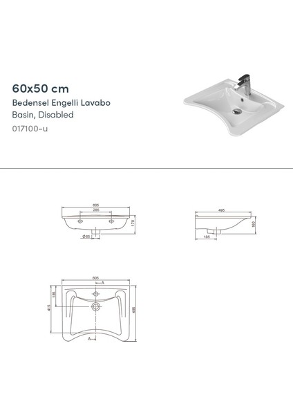 Turkuaz Seramik Bedensel Engelli 60 cm Lavabo