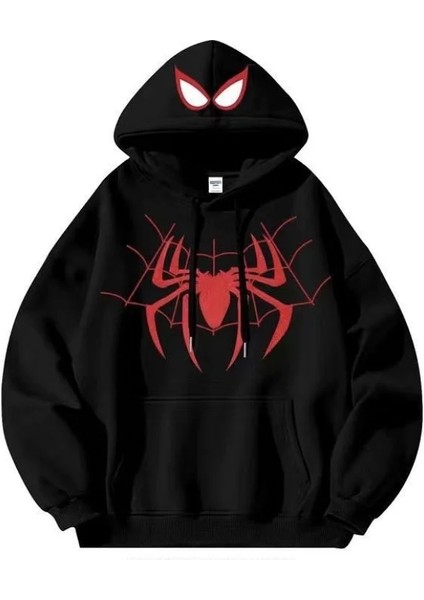 Siyah Spider Maske Hoodie Kalın Kumaş Kapüşonlu Sweatshirt