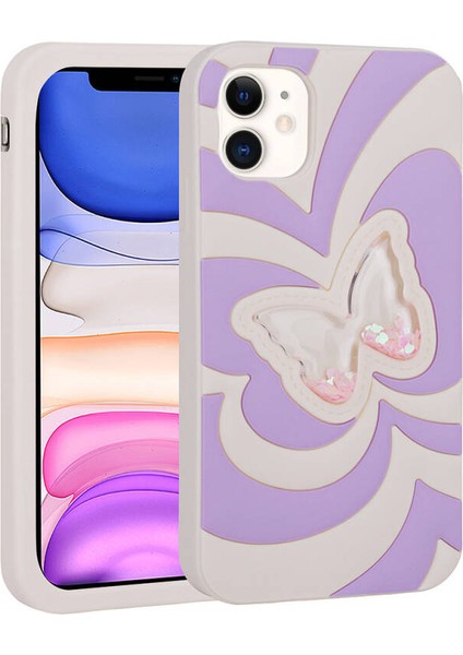 Apple iPhone 11 Uyumlu Simli Sıvılı Kelebek Tasarım Kadın Telefon Kılıfı Kapak Lila