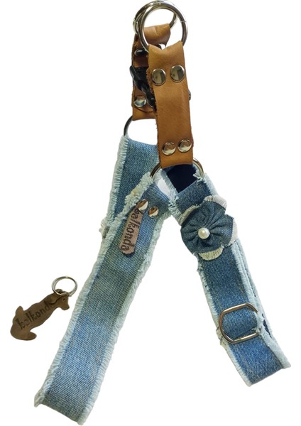 Köpek göğüs tasması kot mavi püsküllü genişlik:3cm göğüs ölçüsü:50-80cm boyun ölçüsü:40-70cm ayarlamalı dog harness GT2-24Ç