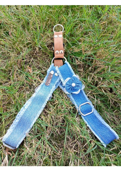 Köpek göğüs tasması kot mavi püsküllü genişlik:3cm göğüs ölçüsü:50-80cm boyun ölçüsü:40-70cm ayarlamalı dog harness GT2-24Ç