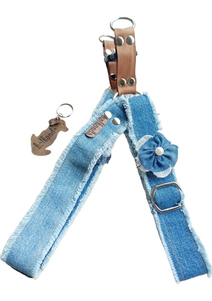 Köpek göğüs tasması kot mavi püsküllü genişlik:3cm göğüs ölçüsü:50-80cm boyun ölçüsü:40-70cm ayarlamalı dog harness GT2-24Ç