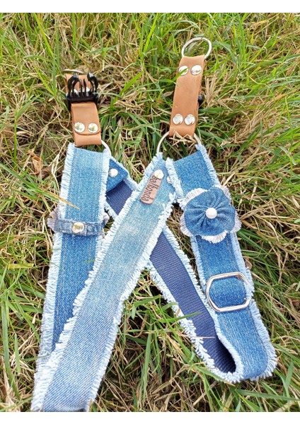 Köpek göğüs tasması kot mavi püsküllü genişlik:3cm göğüs ölçüsü:50-80cm boyun ölçüsü:40-70cm ayarlamalı dog harness GT2-24Ç