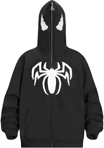 Siyah Spider Maske Kapüşonlu Oversize Hırka