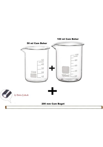 Cam Beher Seti 3 Parça 1'er Adet 50 ml 100 ml Cam Beher ve 200 mm Cam Baget