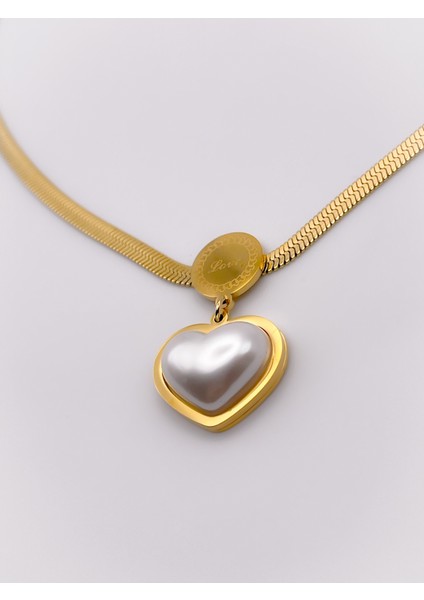 Çelik İncili Kalp Kolye Gold