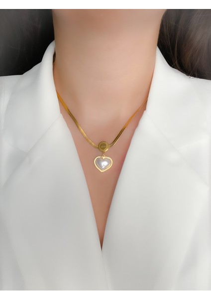 Çelik İncili Kalp Kolye Gold fiyatları