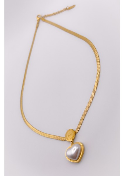 Çelik İncili Kalp Kolye Gold modelleri