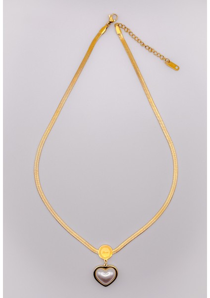 Çelik İncili Kalp Kolye Gold