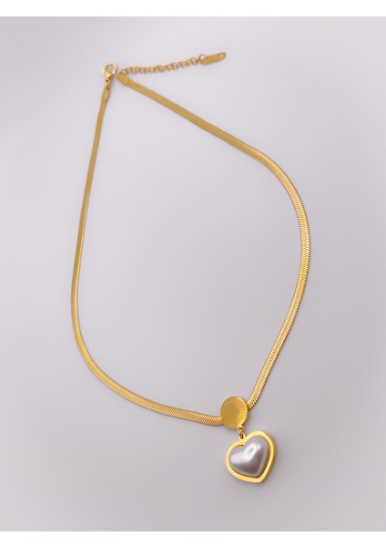 Çelik İncili Kalp Kolye Gold