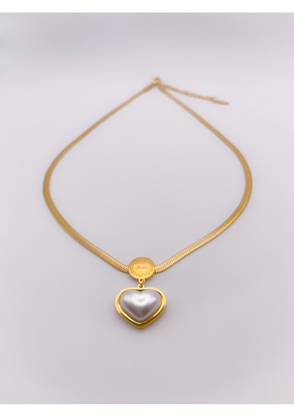 Çelik İncili Kalp Kolye Gold