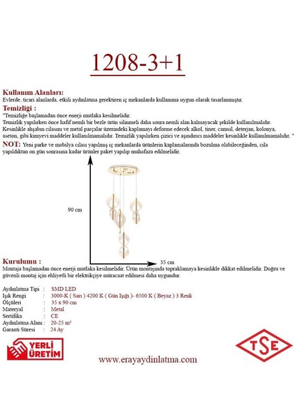 1208-3+1 4lü Sarkıt LED Avize(Beyaz Işık -Sarı Işık - Gün Işığı)
