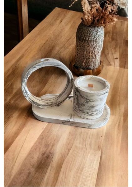 Mermer Desenli Tasarım Vanilya Kokulu Mum ve Oda Kokuluğu 2'li Set / Vegan Soya Wax Mum