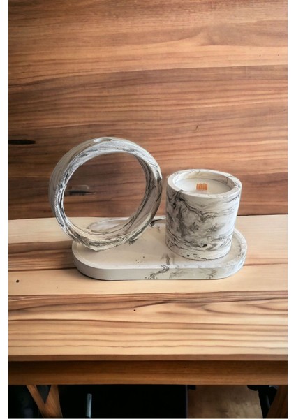 Mermer Desenli Tasarım Vanilya Kokulu Mum ve Oda Kokuluğu 2'li Set / Vegan Soya Wax Mum
