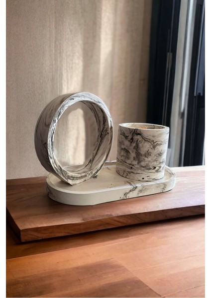 Mermer Desenli Tasarım Vanilya Kokulu Mum ve Oda Kokuluğu 2'li Set / Vegan Soya Wax Mum