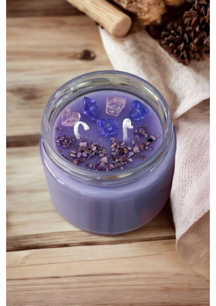 Purple Glow Lavanta Kokulu Mor Taşlı ve Süslemeli Dekoratif Tasarım Mum / 330GR