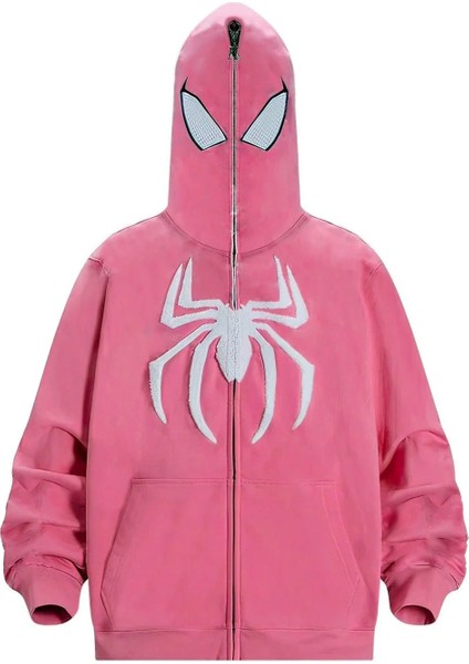 Pembe Spiderman Harajuku Streetwear Full Zip Kapüşonlu Hırka