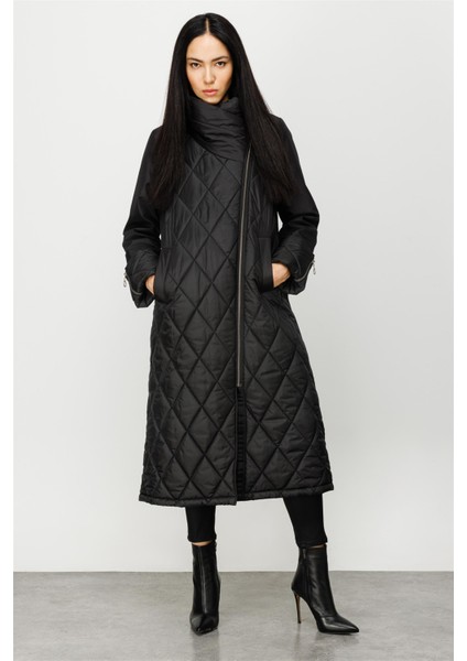 Vip Garni Kumaşlı Tüm Beden Dolgulu Kapitone Spor Manto Kaban-Siyah fiyatları