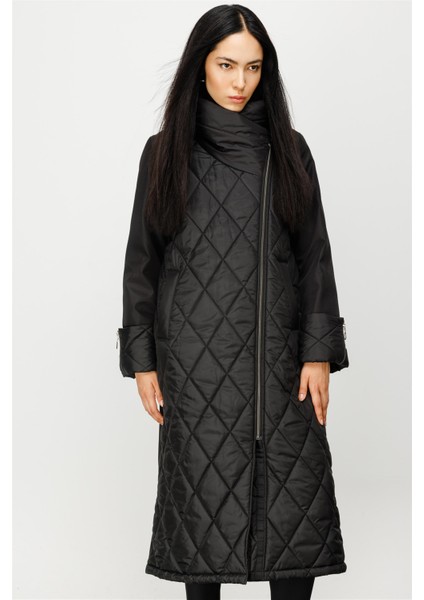 Vip Garni Kumaşlı Tüm Beden Dolgulu Kapitone Spor Manto Kaban-Siyah modelleri