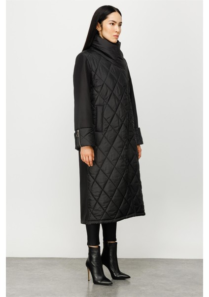 Vip Garni Kumaşlı Tüm Beden Dolgulu Kapitone Spor Manto Kaban-Siyah fırsatları