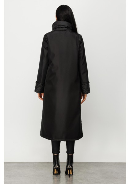 Vip Garni Kumaşlı Tüm Beden Dolgulu Kapitone Spor Manto Kaban-Siyah indirimleri