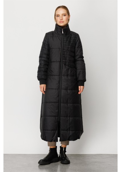 Garni Şerit İşleme Fulla Kapitone Dolgulu Spor Manto-Siyah