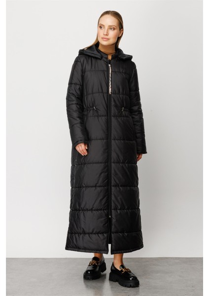 Özel Garni Detaylı Tüm Beden Kapitone Dolgu Spor Manto Kaban-Siyah