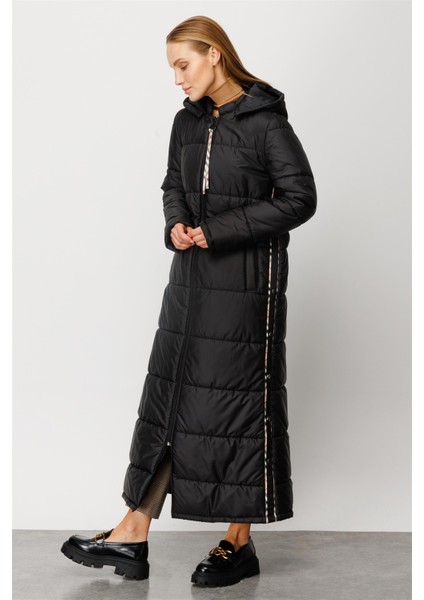 Özel Garni Detaylı Tüm Beden Kapitone Dolgu Spor Manto Kaban-Siyah