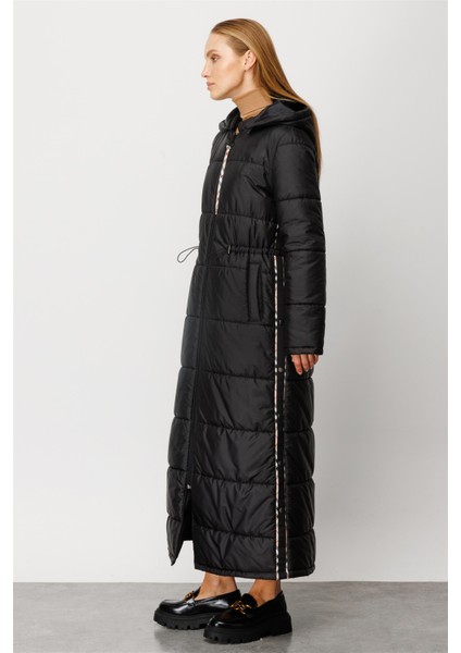 Özel Garni Detaylı Tüm Beden Kapitone Dolgu Spor Manto Kaban-Siyah