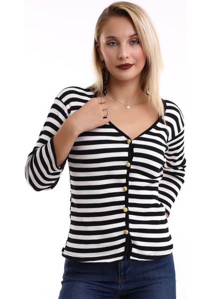 Çizgili V Yaka Fitilli Gold Düğme Detaylı Triko Hırka fiyatları