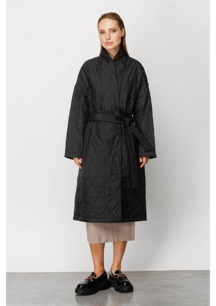 Pamuk Puantiye Astarlı Önden Bağlamalı Kapitone Zamansız Kap Zamansız Kap-Siyah