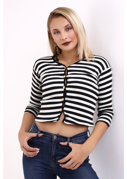 Çizgili V Yaka Fitilli Gold Düğme Detaylı Triko Hırka