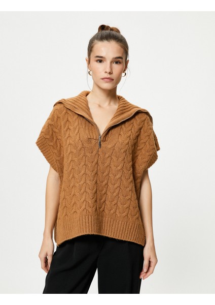 Oversize Süveter Örgü Yarım Fermuarlı Geniş Yaka Saç Örgüsü Desenli modelleri