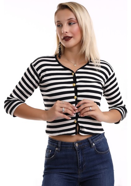 Kadın Truvakar Kol Çizgili Bisiklet Yaka Fitilli Gold Düğme Detaylı Triko Hırka