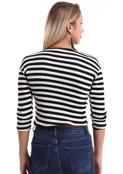 Kadın Truvakar Kol Çizgili Bisiklet Yaka Fitilli Gold Düğme Detaylı Triko Hırka fiyatları