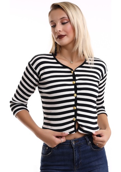 Kadın Truvakar Kol Çizgili Bisiklet Yaka Fitilli Gold Düğme Detaylı Triko Hırka modelleri