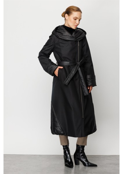 Vouge Tüm Bedeni Kapitone Dolgu Spor Manto Kaban-Siyah