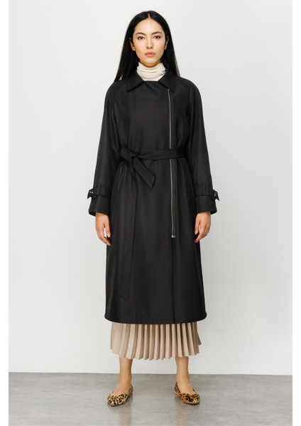 Alle İçi Kapitone Dolgulu Yandan Fermuar Kapamalı Spor Manto Kaban-Siyah