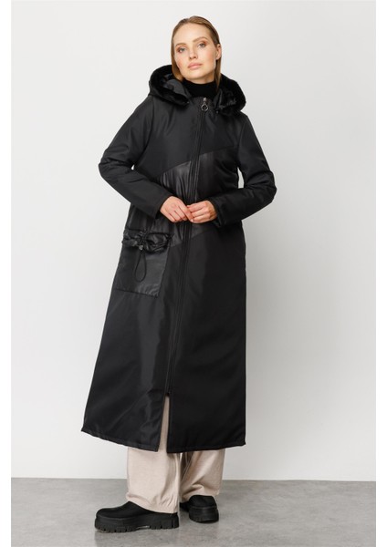 Cruz Desen Cep Detaylı Tüm Beden Kapitone Dolgulu Spor Manto Kaban-Siyah