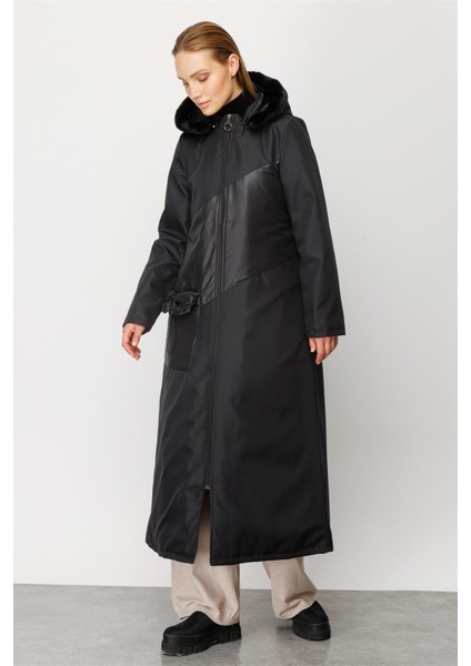 Cruz Desen Cep Detaylı Tüm Beden Kapitone Dolgulu Spor Manto Kaban-Siyah fiyatları