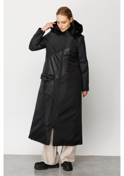 Cruz Desen Cep Detaylı Tüm Beden Kapitone Dolgulu Spor Manto Kaban-Siyah indirimleri