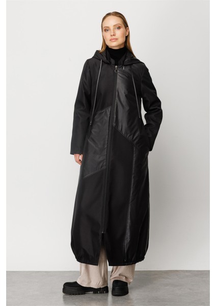 Perche Garni Detaylı Tam Dolgu Kapitone Spor Kaban Manto-Siyah