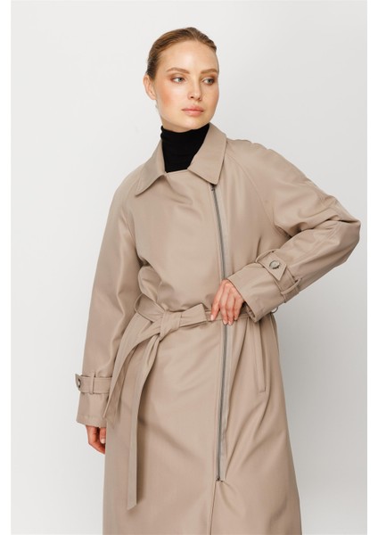 Alle İçi Kapitone Dolgulu Yandan Fermuar Kapamalı Spor Manto Kaban-Taş