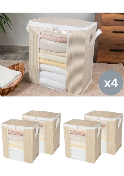 4 Adet Pencereli Çizgi Desen Baskılı Yastık Pike Battaniye Düzenleyici Hurç Seti 45x30x50 cm