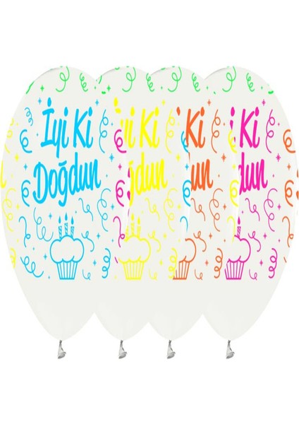 12" Beyaz Balona Çepeçevre Karışık Baskı Renkli Iyi Ki Doğdun Baskılı Balon - 8 Adet (30 cm Çap)