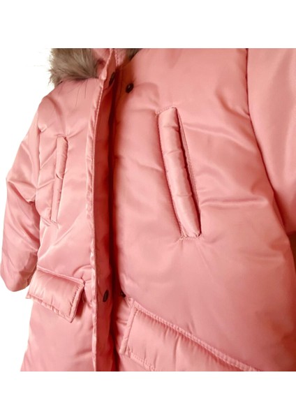Kız Çocuk Kaban Kürklü Kapüşonlu Cepli 12-13 Yaş Pembe